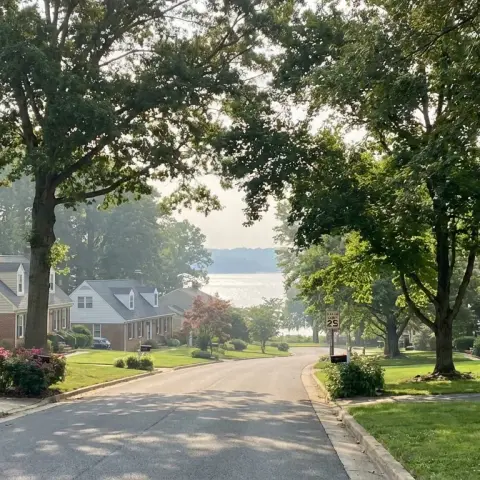 Tree-lined suburban street in Accokeek, Maryland with colonial-style homes