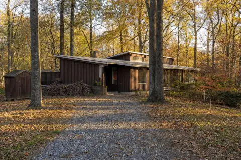 Mid-century modern house with wood siding on a wooded lot with a woodpile and a small shed in autumn, typical of Accokeek, Maryland