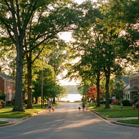 Suburban neighborhood street in Accokeek Maryland with mature hardwood trees and colonial-style homes