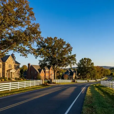 Suburban neighborhood street in Aldie, Virginia with estate homes and horse fencing