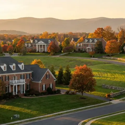 Upscale suburban neighborhood in Aldie Virginia with colonial brick homes, mature trees, and rolling green landscape