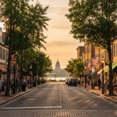 King Street in Old Town Alexandria Virginia with historic brick buildings and tree-lined sidewalks