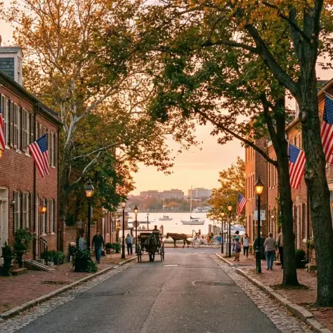 Charming brick-lined street in Old Town Alexandria, Virginia with colonial rowhouses and gas lanterns