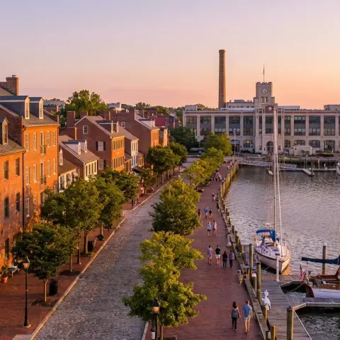 Historic Old Town Alexandria Virginia waterfront with red brick buildings along the Potomac River