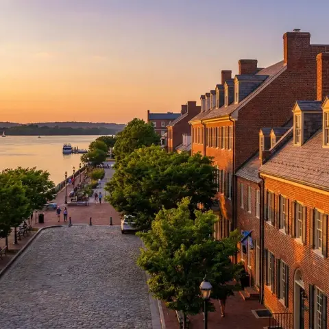 Old Town Alexandria waterfront along the Potomac River at golden hour