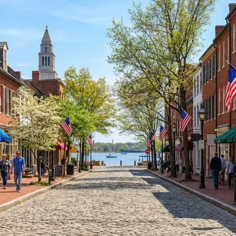 Historic King Street in Old Town Alexandria, Virginia with brick buildings and tree-lined sidewalks