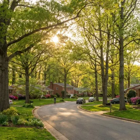 Tree-lined residential street in Annandale Virginia with classic mid-century brick homes and mature oak canopy