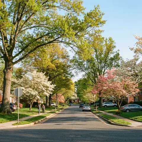 Tree-lined suburban street in Annandale, Virginia with mid-century brick homes