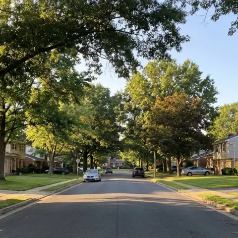 Tree-lined suburban street in Annandale, Virginia with mature oaks and well-kept ranch-style homes