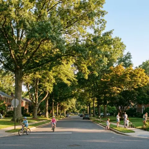 Tree-lined residential street in Annandale, Virginia with colonial-style brick homes