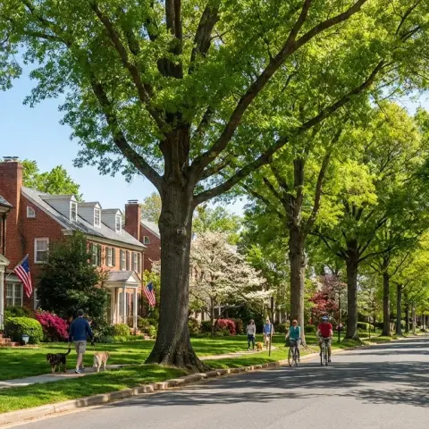 Tree-lined residential street in Arlington, Virginia with brick colonial homes