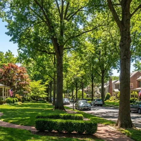 Tree-lined residential street with Colonial Revival homes in an Arlington Virginia neighborhood