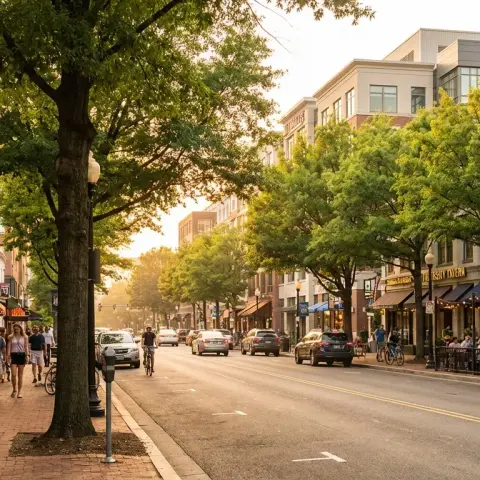 Tree-lined neighborhood street in Clarendon area of Arlington, Virginia at golden hour