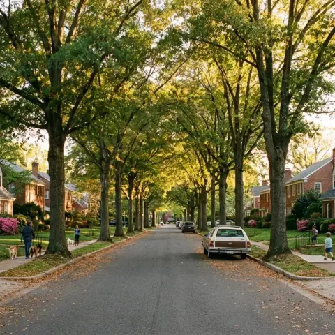 Tree-lined residential street with brick Colonial homes in Arlington Virginia
