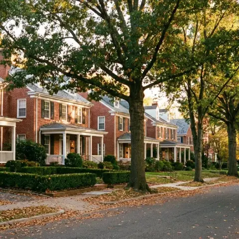 Tree-lined residential street in Arlington, Virginia with brick Colonial Revival homes, mature oak trees, and front porches typical of Ashton Heights and Lyon Park