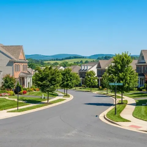 Suburban street in Ashburn, Virginia Loudoun County with colonial-style homes and manicured lawns