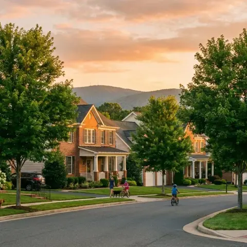 Residential street in Ashburn, Virginia with brick colonial homes, manicured lawns, and mature trees at golden hour