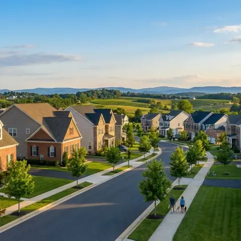 Suburban neighborhood in Ashburn Virginia with modern colonial homes and green landscaping in Loudoun County