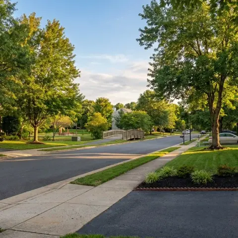 Brick-front colonial homes on a tree-lined suburban street in Ashburn Virginia