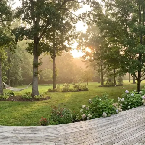 Lush green backyard with wooden deck and mature shade trees during summer in Bealeton Virginia