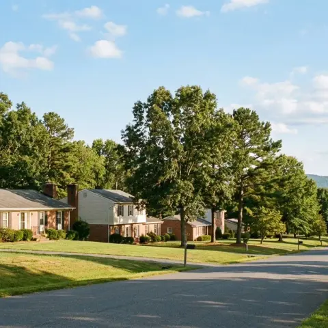 Quiet residential street in Bealeton Virginia with single family homes, shade trees, and rolling Piedmont hills