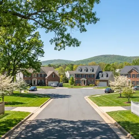 Suburban cul-de-sac in Bealeton Virginia with colonial-style homes, green lawns, and rolling Piedmont hills