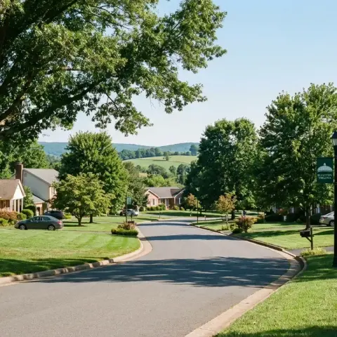 Quiet suburban neighborhood in Bealeton Virginia with single-family homes and mature trees lining the street