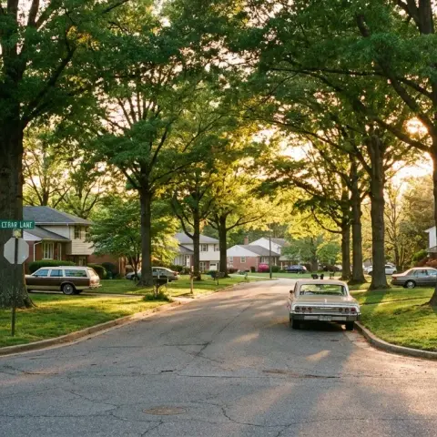 Tree-lined residential street in Beltsville Maryland with mature oak trees and well-kept split-level homes