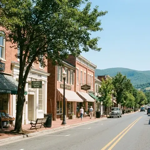 Historic Main Street in Berryville, Virginia Clarke County with brick storefronts and Shenandoah Valley hills