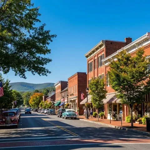 Historic downtown Berryville Virginia Main Street with brick storefronts and Blue Ridge mountain views