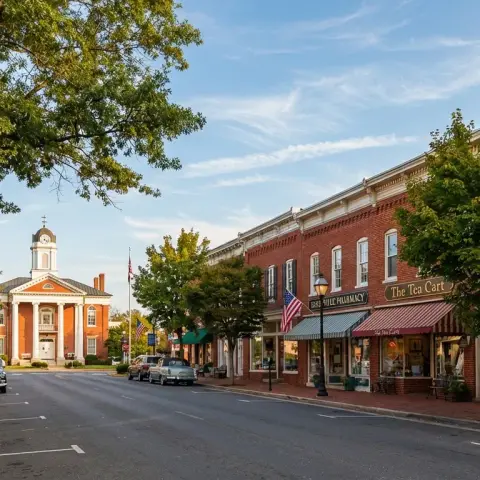Historic downtown Berryville, Virginia with Main Street storefronts and mature trees