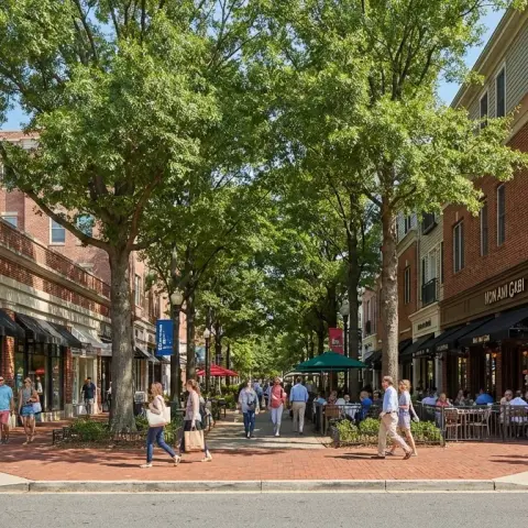 Tree-lined downtown Bethesda Maryland streetscape with upscale shops and restaurants