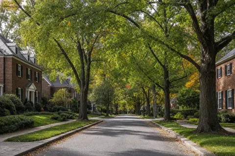Quiet residential street in Bethesda, Maryland lined with brick colonial homes under a mature canopy of oak and maple trees