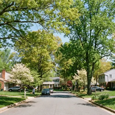 Tree-lined suburban street in Bowie, Maryland with colonial and ranch-style homes