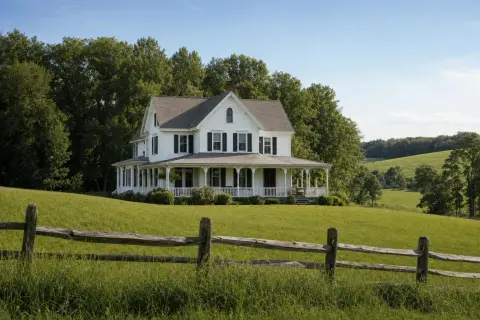 White Victorian frame farmhouse with a wraparound porch and split-rail fence beside a green pasture and hardwood forest in Boyds, Maryland