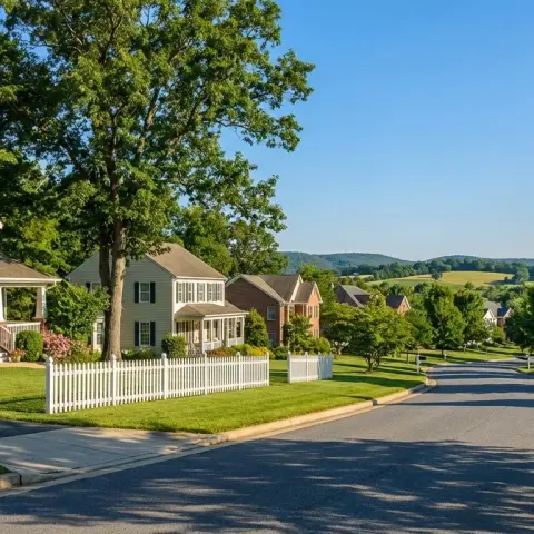 Tree-lined suburban street in Boyds, Maryland with colonial-style homes and mature landscaping