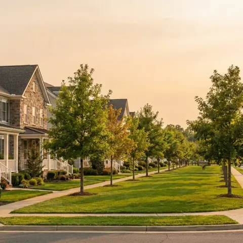 Suburban street in Brambleton Virginia master-planned community with modern colonial homes and tree-lined sidewalks