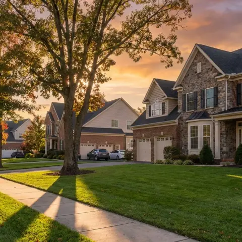 Tree-lined suburban street in Brambleton, Virginia with brick and stone colonial homes