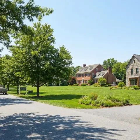 Tree-lined suburban street in Brandywine, Maryland with large residential lots