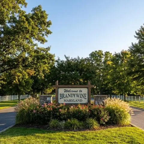 Scenic residential street in Brandywine Maryland with mature trees and green lawns in a southern Maryland community
