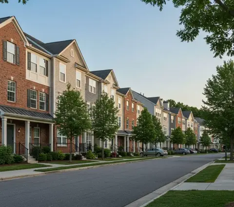 Broadlands Virginia neighborhood streetscape with brick colonial homes and tree-lined walking paths