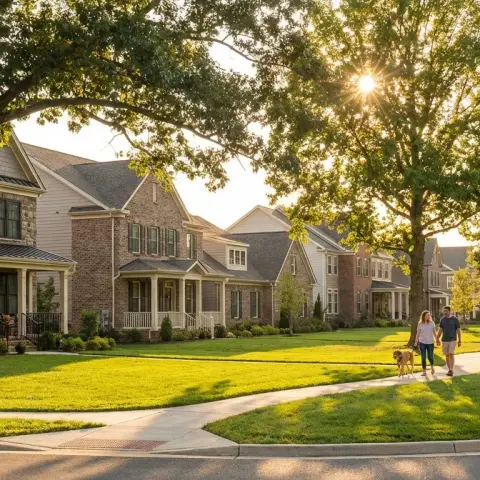Tree-lined residential street in the Broadlands community of Ashburn, Virginia with newer colonial-style homes
