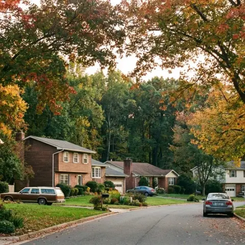 Tree-lined suburban street with colonial homes in Burke Virginia near Burke Centre