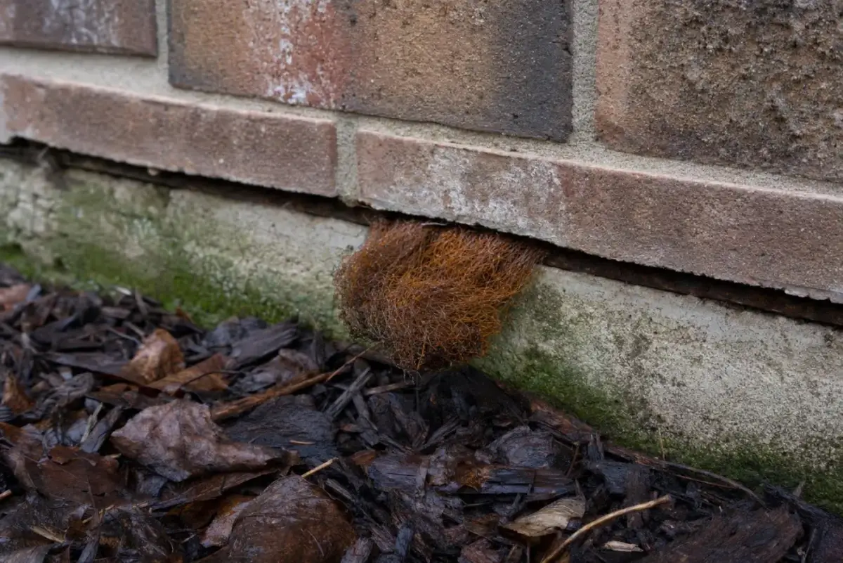 Rusted steel wool plug pulled partly loose from a gap at the base of a brick wall next to damp mulch