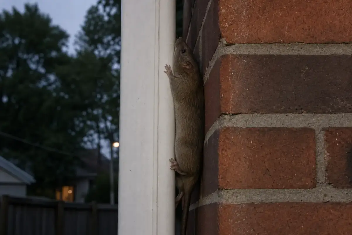 Rat climbing up the narrow gap between a white downspout and a brick house wall