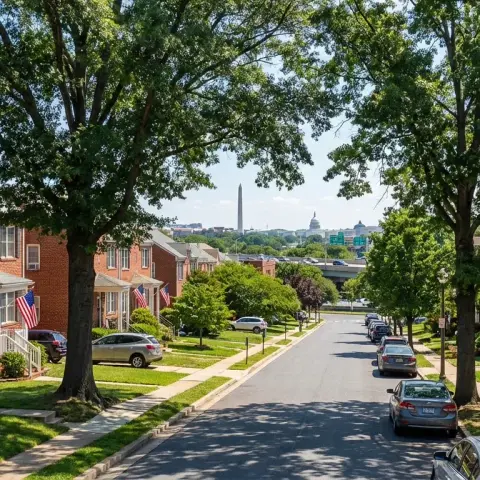 Residential street in Capitol Heights Maryland with brick townhomes and mature shade trees