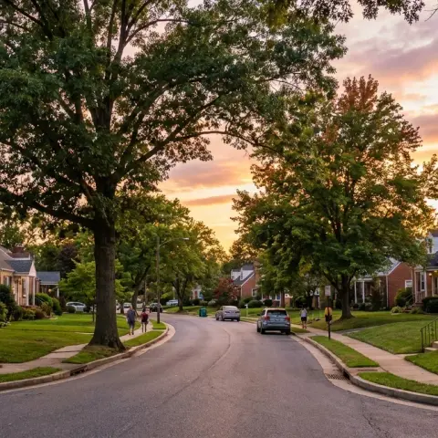 Residential street in Capitol Heights, Maryland with mature shade trees and well-maintained homes