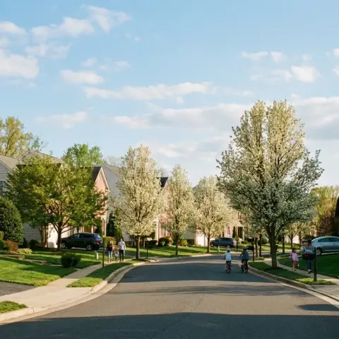 Tree-lined suburban street in Centreville, Virginia with traditional homes and mature landscaping in Fairfax County
