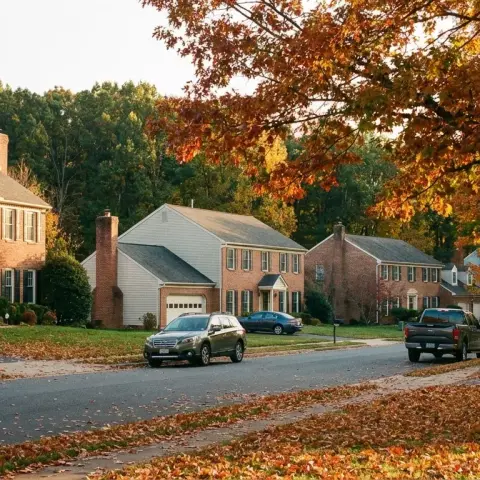 Tree-lined residential street with brick colonial homes in a Centreville Virginia neighborhood