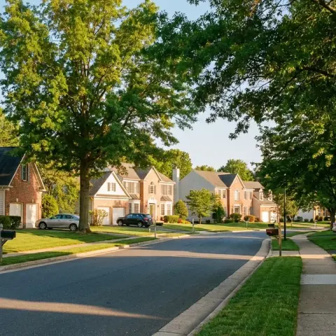 Colonial style homes on a tree-lined suburban street in Centreville Virginia